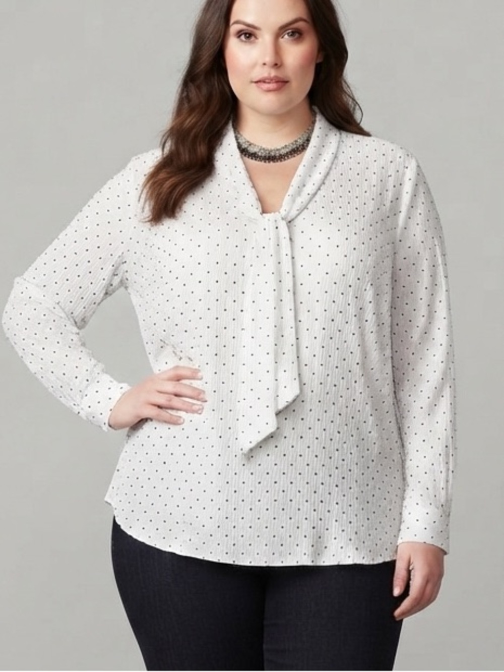 CLEO Classic White Polka Dot Tie Neck Blouse size XL